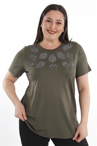 Trend42plus Crystal taşlı Kısa Kol Büyük Beden Viskoz Haki Kadın T-Shirt