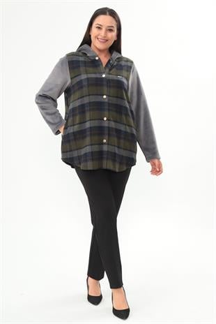 Trend42plus Ekose Desen Çıt Çıt Düğmeli Cep Detaylı Haki Mont