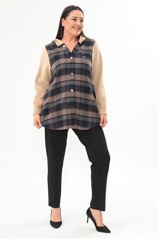 Trend42plus Ekose Desen Çıt Çıt Düğmeli Cep Detaylı Bej Mont