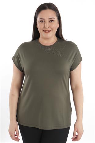 Trend42plus Omuz Kısmı Crystal taşlı Kısa Kol Büyük Beden Viskoz Haki Kadın T-Shirt