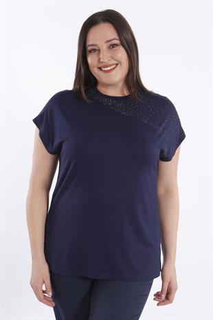 Trend42plus Omuz Kısmı Crystal taşlı Kısa Kol Büyük Beden Viskoz Lacivert Kadın T-Shirt