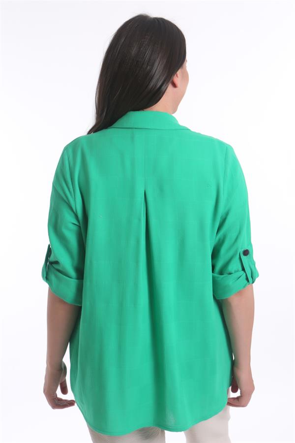 Büyük Beden Cebi Taş Şeritli Yeşil Gömlek Bluz İkili Takım