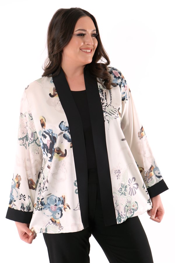 Büyük Beden Saten Çiçek Desenli Bej Kimono 