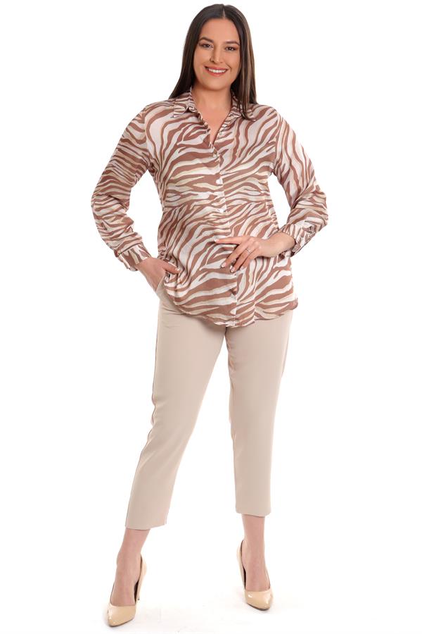 Büyük Beden Vizon Zebra Desenli Gömlek 