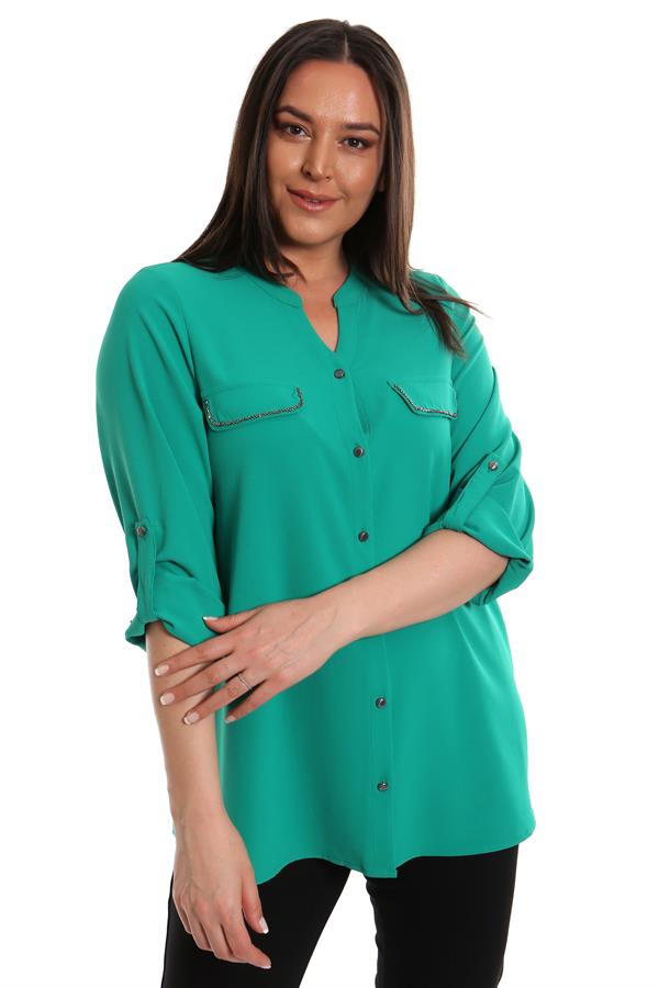 Büyük Beden Yeşil Kaçık Yaka Cep İşlemeli Gömlek