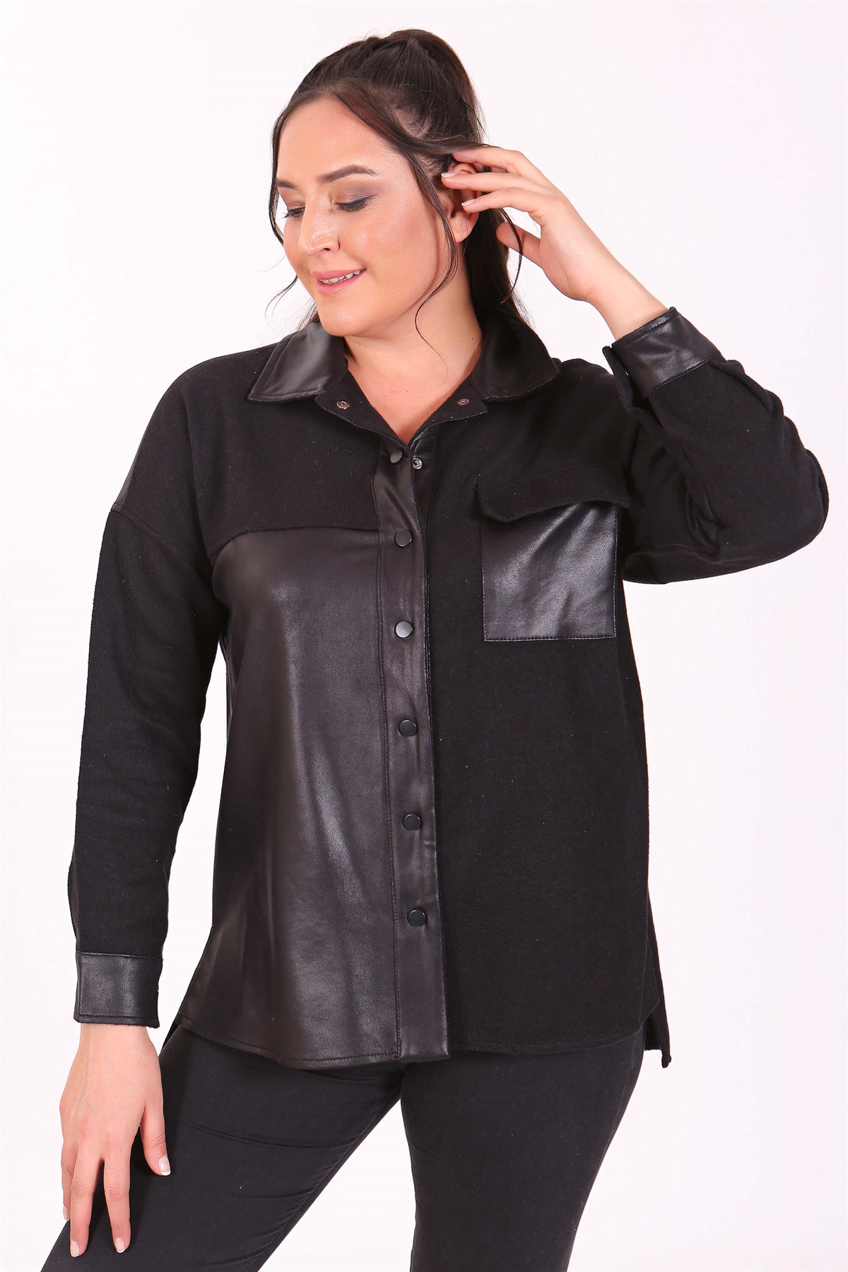 Büyük Beden Deri Kaşe Oversize Siyah Gömlek - Trend42Plus
