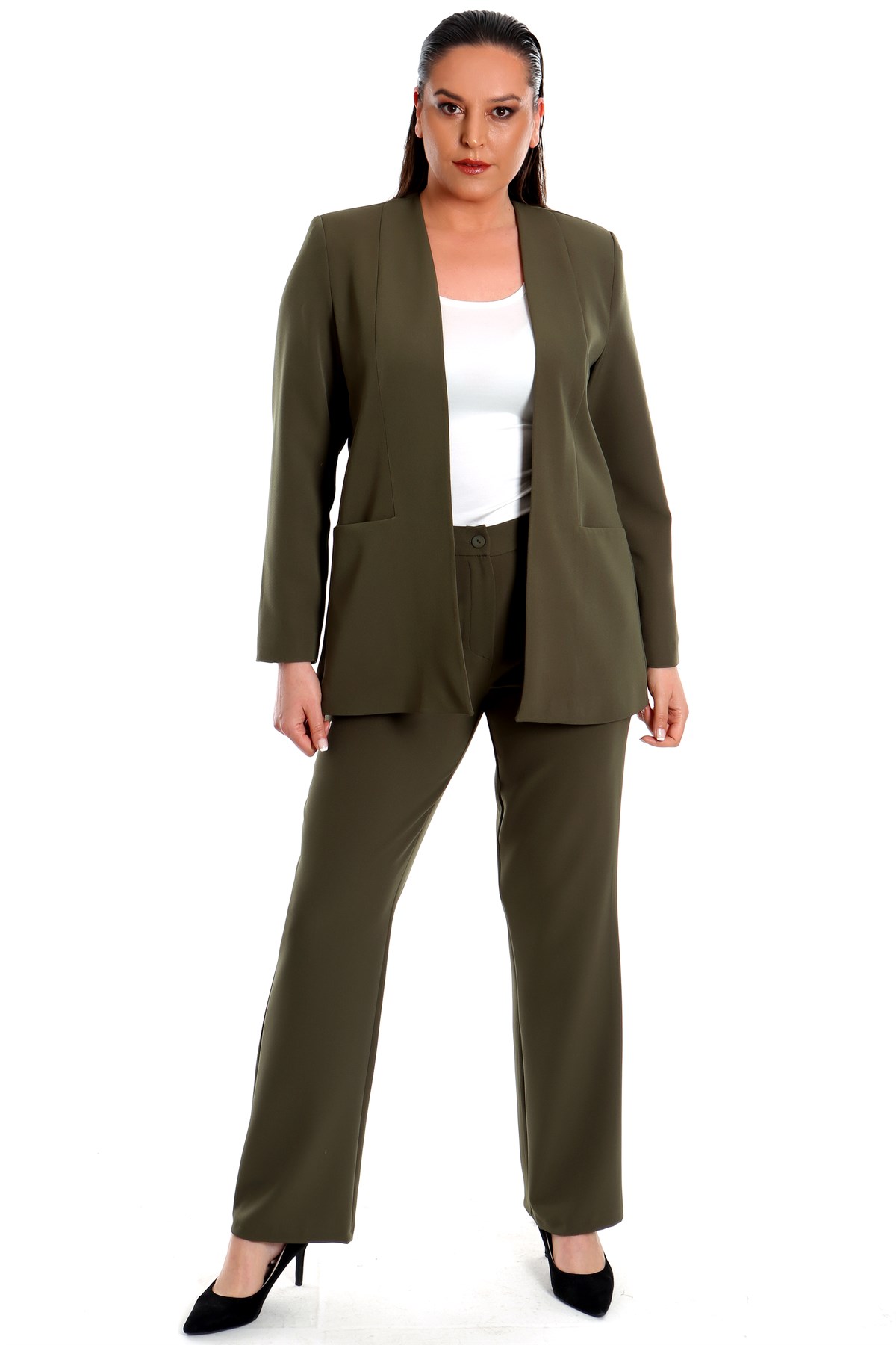 Büyük Beden Haki Tona Ton Astarlı Blazer Ceket Pantolon Takım - Trend42Plus