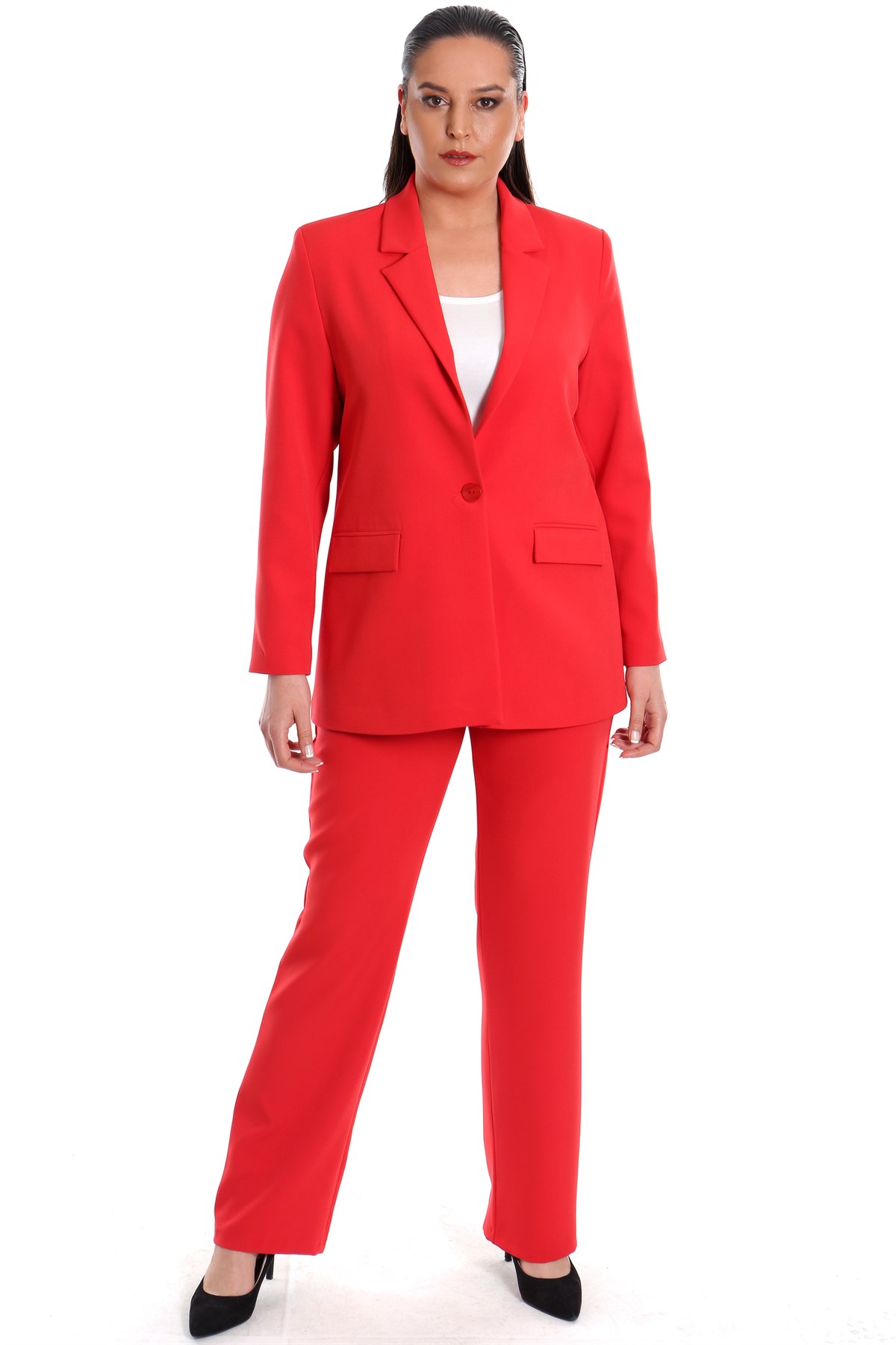 Büyük Beden Kırmızı Blazer Tek Düğmeli Ceket Pantolon Takım - Trend42Plus