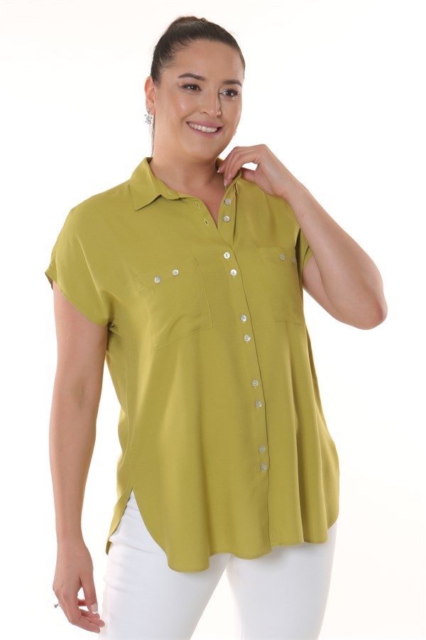Cep ve Düğme Detaylı Düşük Kol Yağ Yeşili Gömlek
