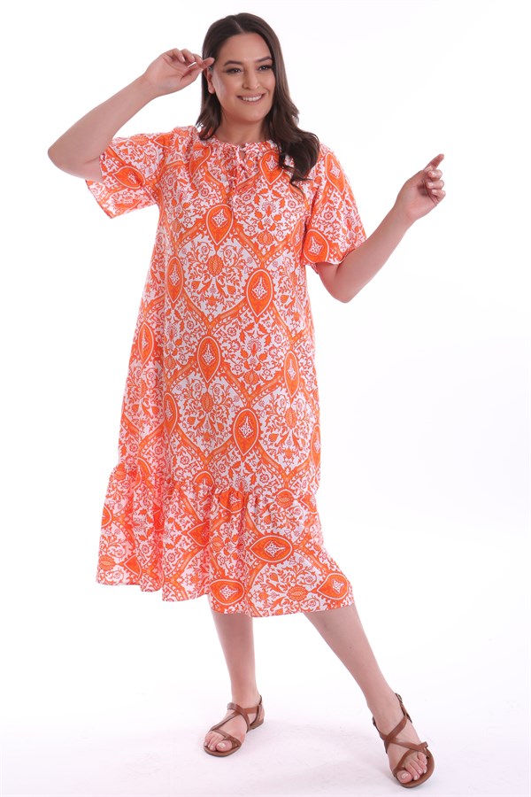 Poplin Desenli Fırfırlı Mercan Elbise 