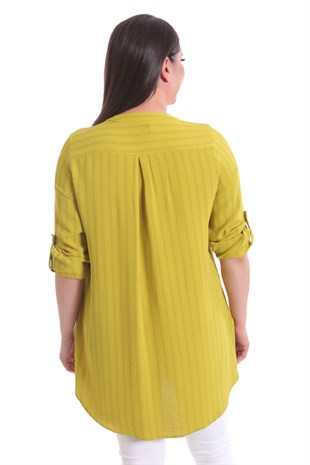 Büyük Beden Cep Detaylı Çizgili Yağ Yeşili Tunik Gömlek 