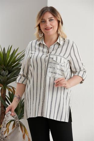 Büyük Beden Çizgili Cebi Zebra Desen Baskılı Siyah Gömlek