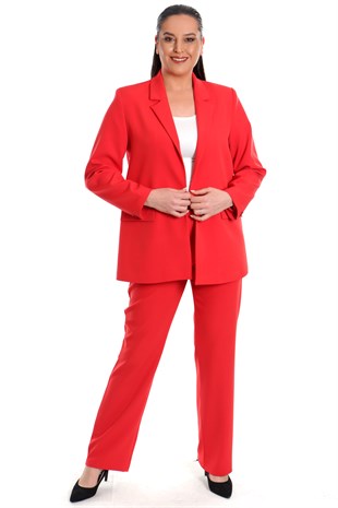 Büyük Beden Kırmızı Blazer Tek Düğmeli Ceket Pantolon Takım 