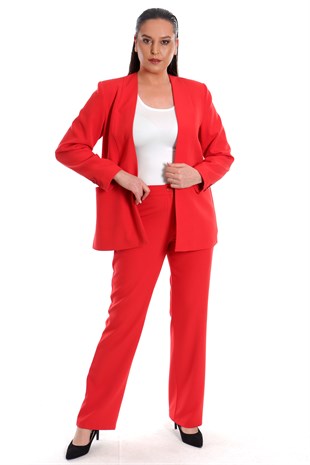 Büyük Beden Kırmızı Tona Ton Astarlı Blazer Ceket Pantolon Takım