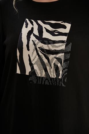Büyük Beden Ön Zebra Desen Taş Baskılı Siyah Tunik