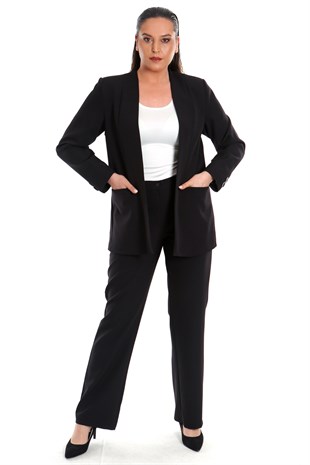 Büyük Beden Siyah Tona Ton Astarlı Blazer Ceket Pantolon Takım