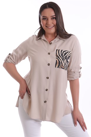 Zebra Desen Süs Cep Detaylı Bej Gömlek 