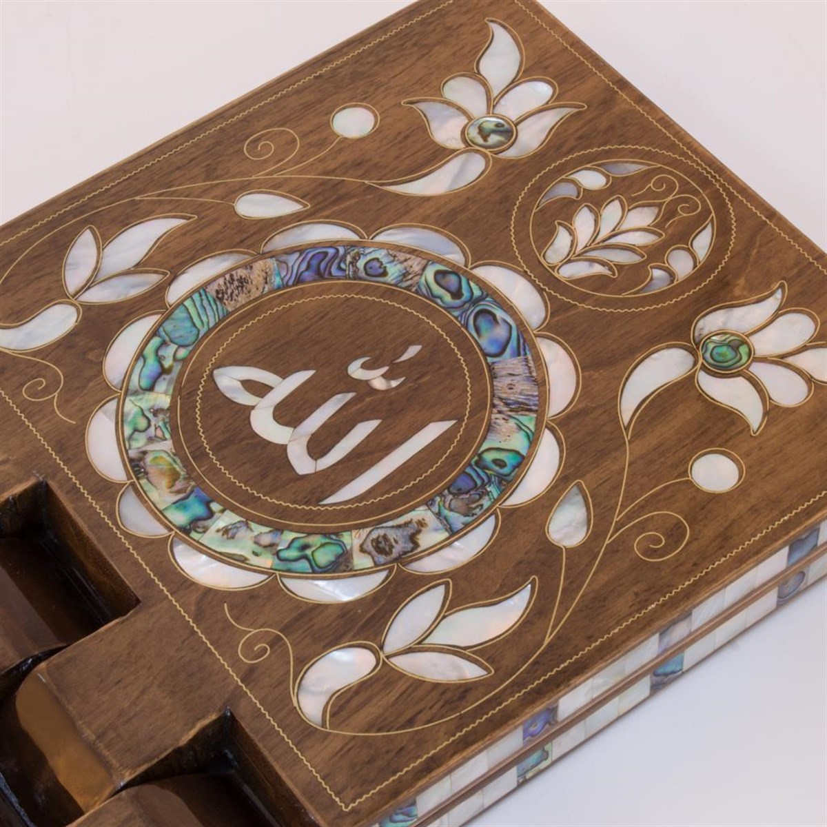 Allah Yazılı Yeşil - Beyaz Sedef Özel Rahle 60 cm