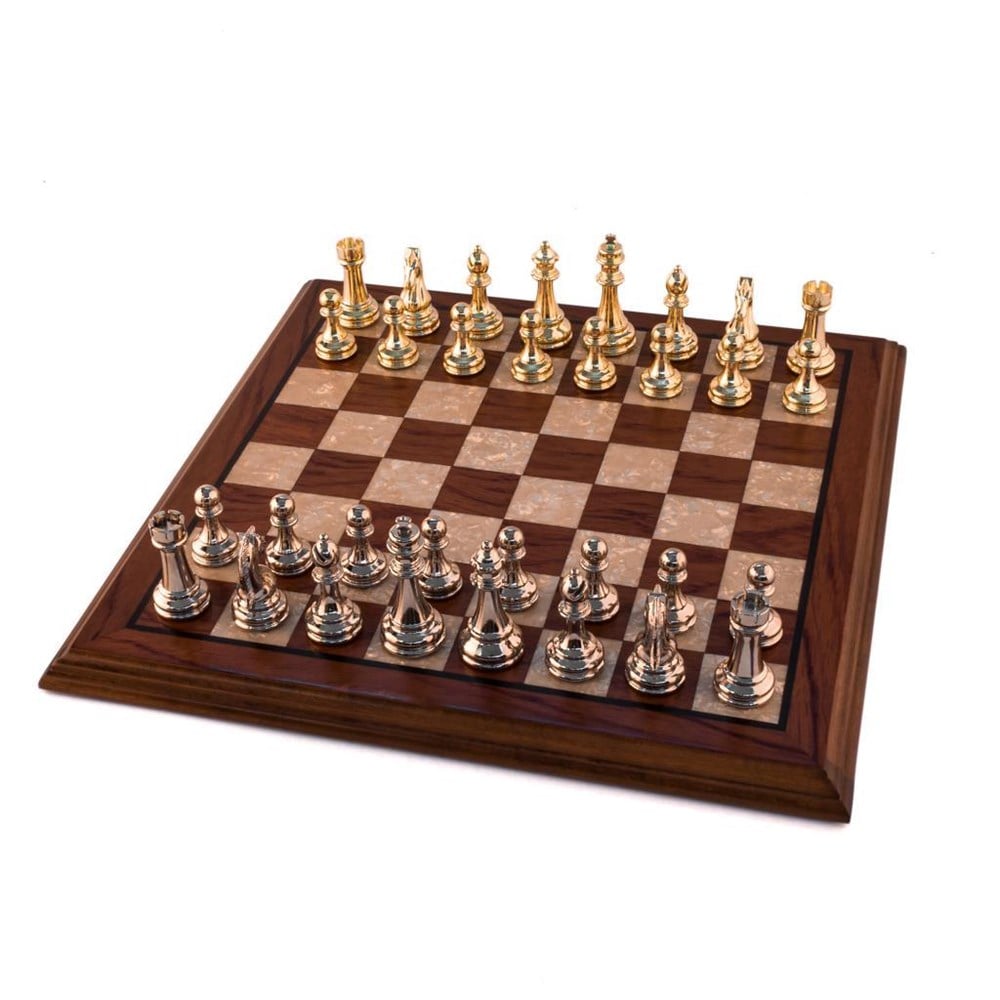 Flat Gül Ahşap Satranç Takımı - El Yapımı Satranç Tahtası ve Klasik Metal Figürler