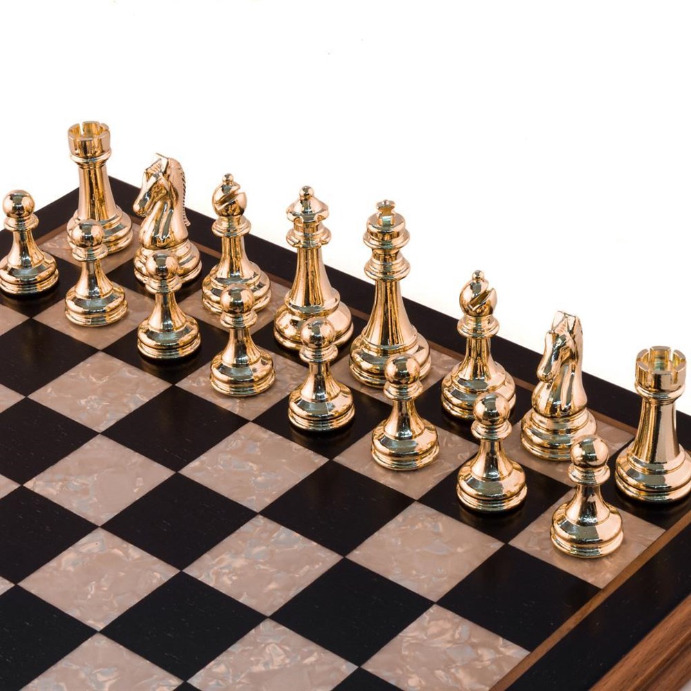 Flat Siyah Ahşap Satranç Takımı - El Yapımı Satranç Tahtası ve Klasik Metal Figürler