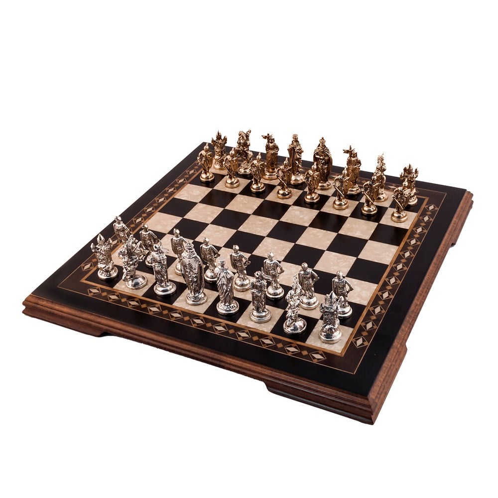Wooden Flat Chess Set with Metal Chessmen | Black
