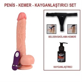 26 cm Belden Bağlamalı Titreşimli Realistik Dildo Penis Set