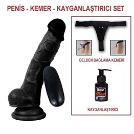17 cm Belden Bağlamalı Titreşimli Realistik Dildo Zenci Penis Set