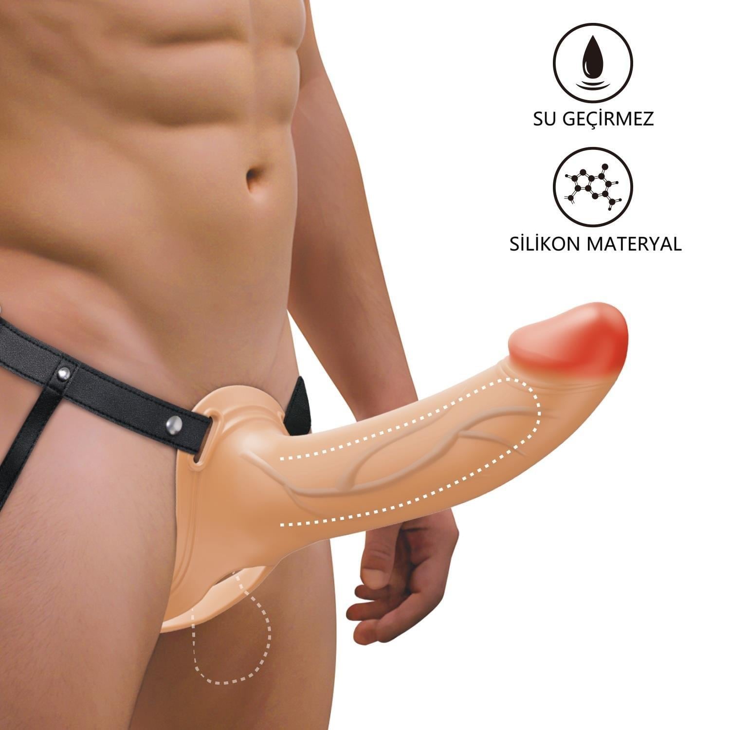 16,8 cm Belden Bağlamalı İçi Boş 4,2 cm Dolgulu Strapon Penis - Landon S