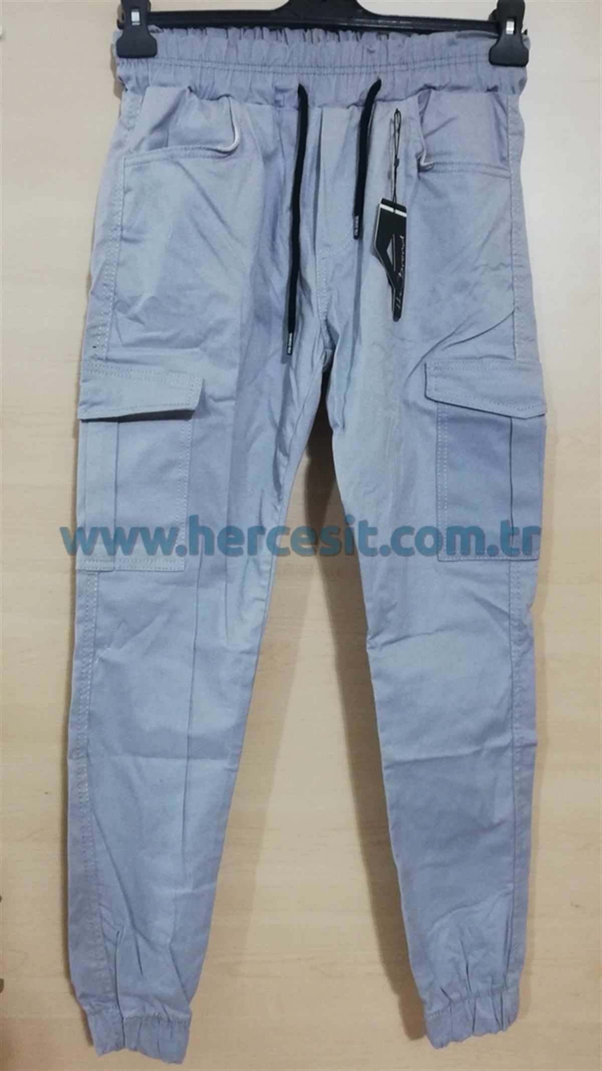GRİ LASTİKLİ YANDAN CEPLİ DAR KETEN PANTOLON