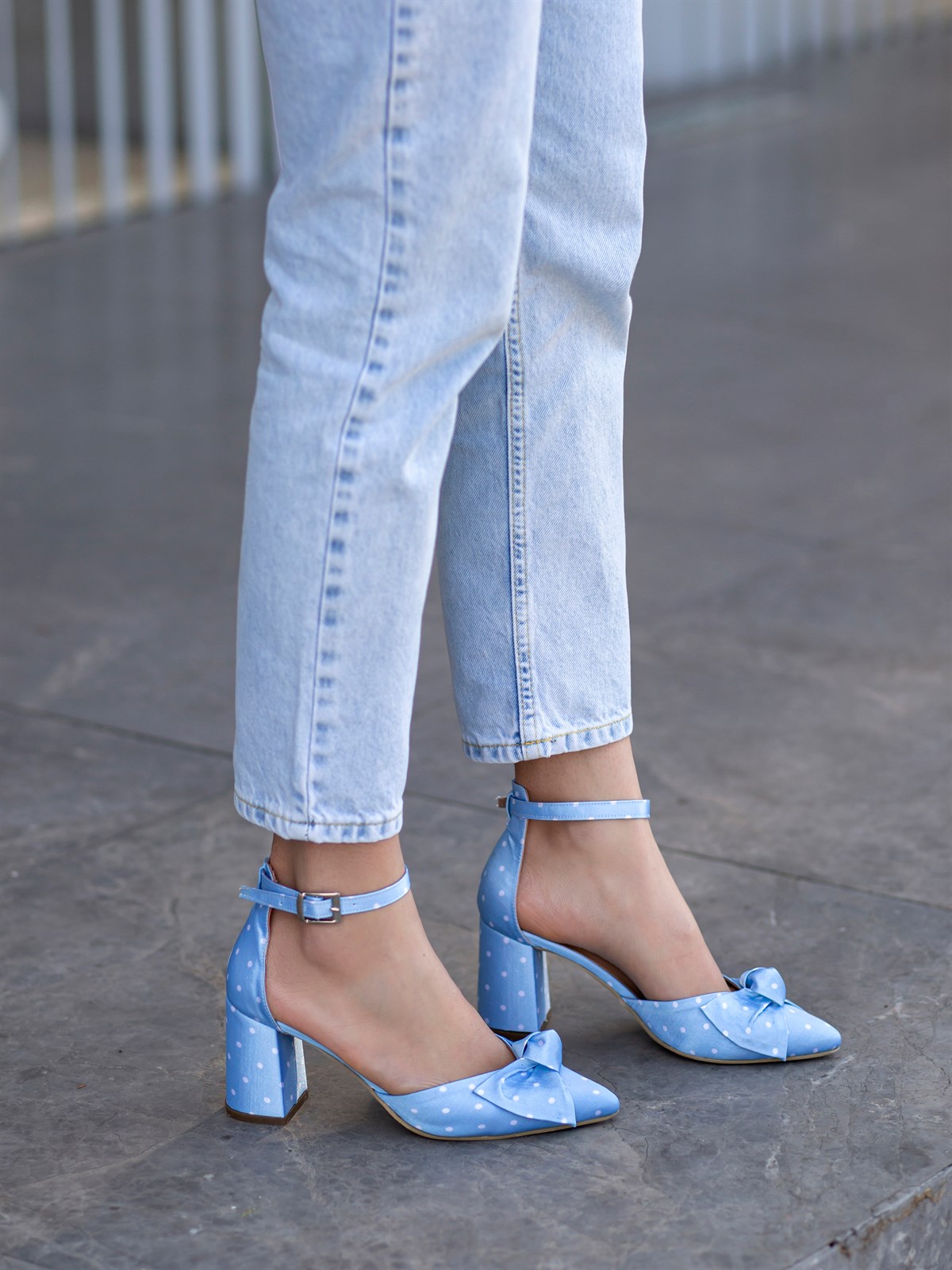 Mypoppishoes / Bebe Mavisi Saten Puantiye Kadın Topuklu Ayakkabı Hilton