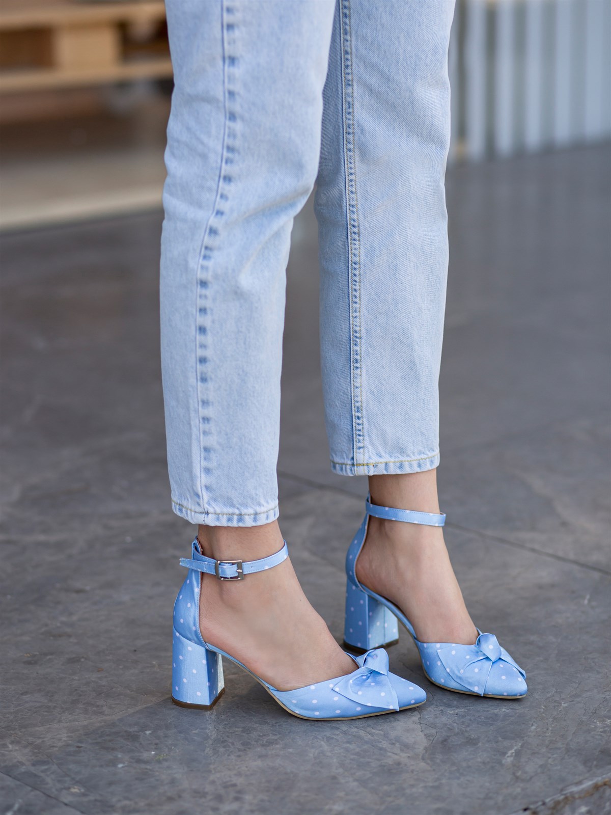 Mypoppishoes / Bebe Mavisi Saten Puantiye Kadın Topuklu Ayakkabı Hilton