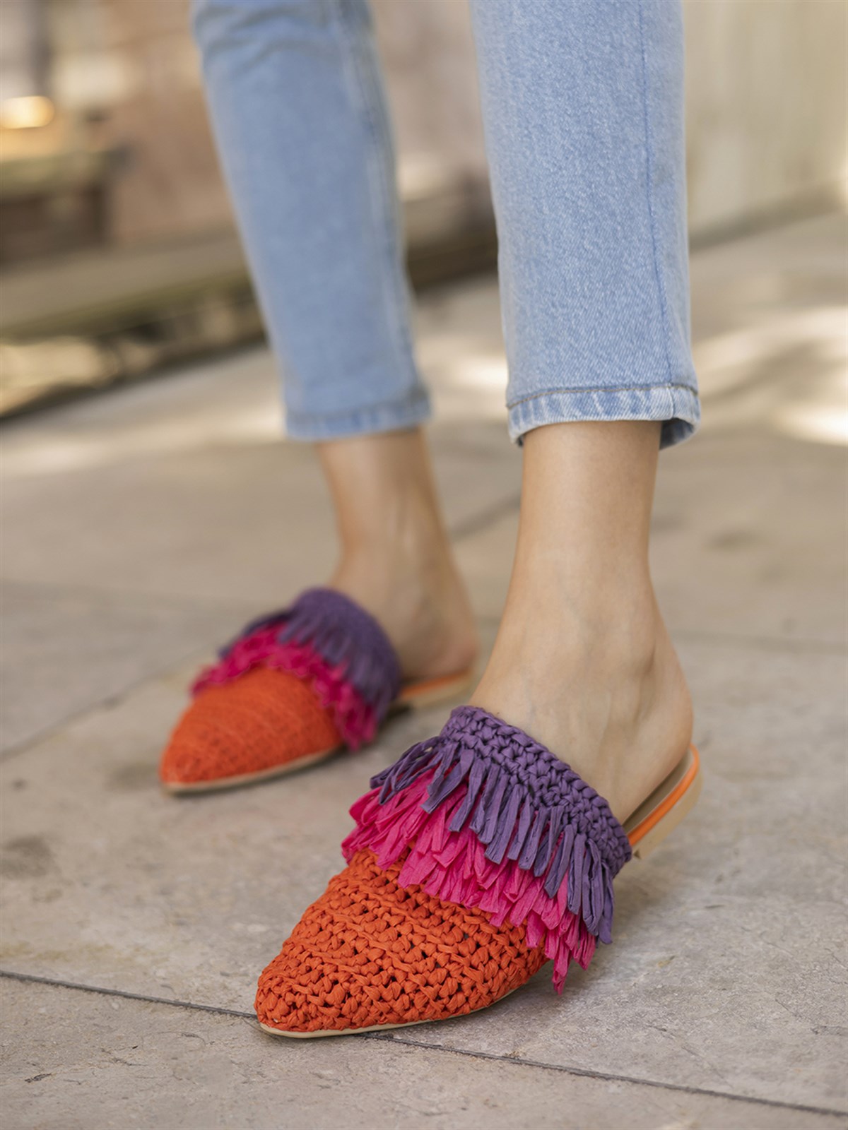 Mypoppishoes / Oranj Örgü Fuşya-Mor Püsküllü Hasır Kadın Terlik Ayakkabı  Heidi