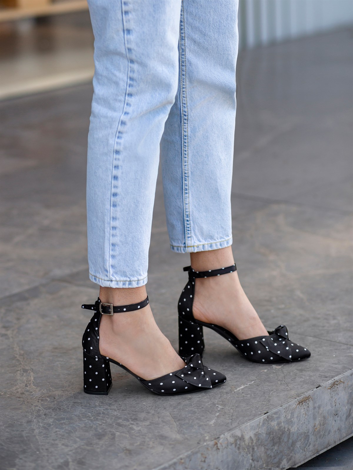Mypoppishoes / Siyah Saten Puantiye Kadın Topuklu Ayakkabı Hilton