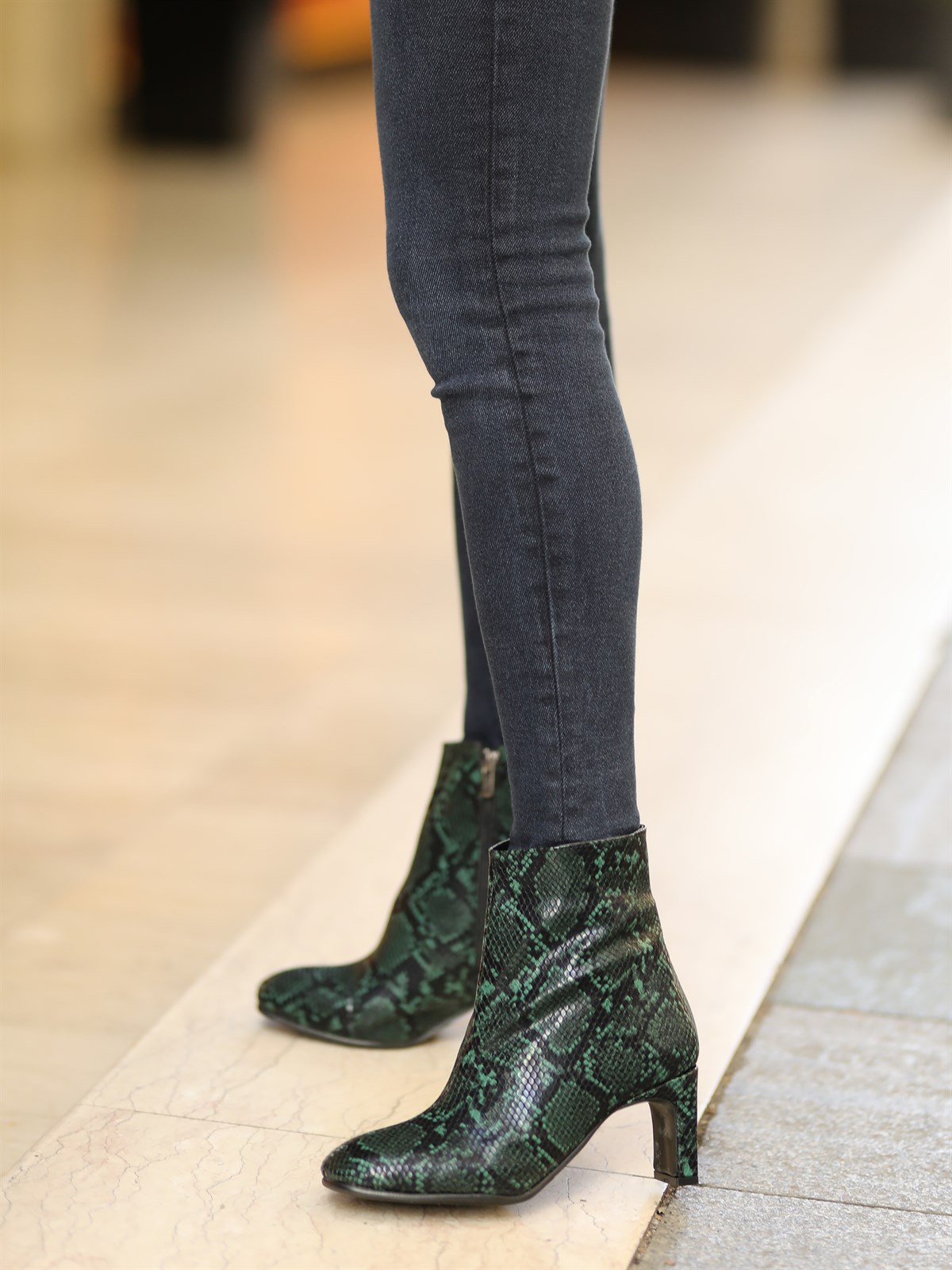 Mypoppishoes / Yeşil Yılan Desenli Kadın 7 cm Topuklu Ayakkabı Adrian