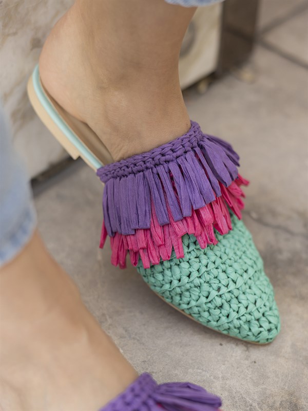 Mypoppishoes / Yeşil Örgü Fuşya Mor Püsküllü Hasır Kadın Terlik Ayakkabı  Heidi