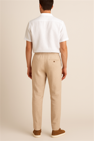 Erkek Bej Beli Lastikli Bağcıklı Keten Spor Jogger Pantolon