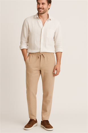 Erkek Bej Beli Lastikli Bağcıklı Keten Spor Jogger Pantolon