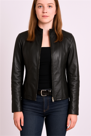Kadın Siyah Hakim Yaka Hakiki Deri Ceket