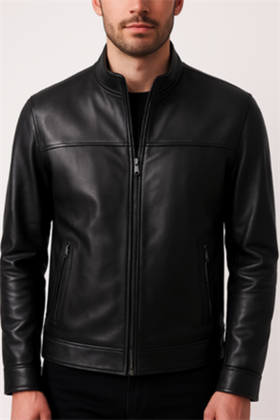 Erkek Siyah Hakim Yaka Hakiki Deri Ceket Mont