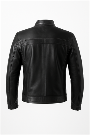 Erkek Siyah Hakiki Deri Hakim Yaka Biyeli Destroy Spor Ceket Mont