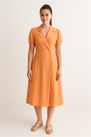 Kadın Oranj Kruvaze Yaka Kiloş  Pamuklu Cepli Uzun Elbise