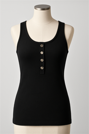 Siyah Kalın Askılı Düğme Detaylı Pamuk Slim Fit  Atlet  T-Shirt