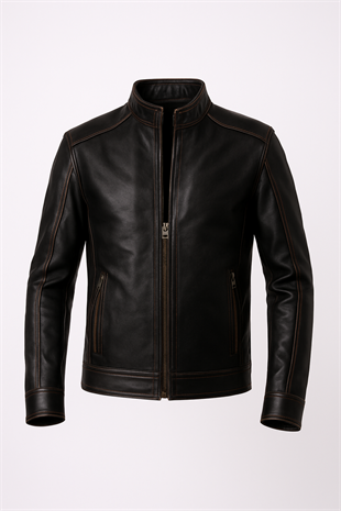 Erkek Siyah Hakiki Deri Hakim Yaka Biyeli Destroy Spor Ceket Mont