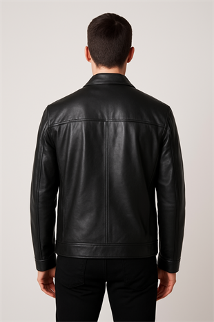 Erkek Siyah Hakim Yaka Hakiki Deri Ceket Mont