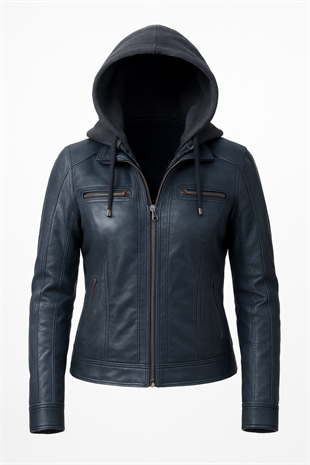 Kadın Lacivert Çıkarılabilir Kapüşonlu Spor Hakiki Deri Ceket