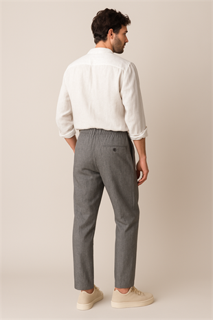 Erkek Gri Beli Lastikli ve Bağcıklı Keten Spor Jogger Pantolon