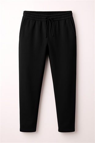 Erkek Siyah Beli Lastikli ve Bağcıklı Pamuklu Spor Jogger Pantolon