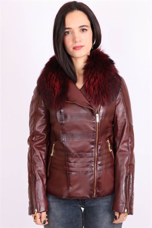Bordo Hakiki Deri Çıkarılabilir Kürk Yakalı Mont Kaban