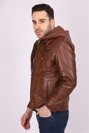 Erkek Kahverengi Hakiki Deri Çıkarılabilir Kapüşonlu Spor Mont