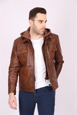 Erkek Kahverengi Hakiki Deri Çıkarılabilir Kapüşonlu Spor Mont